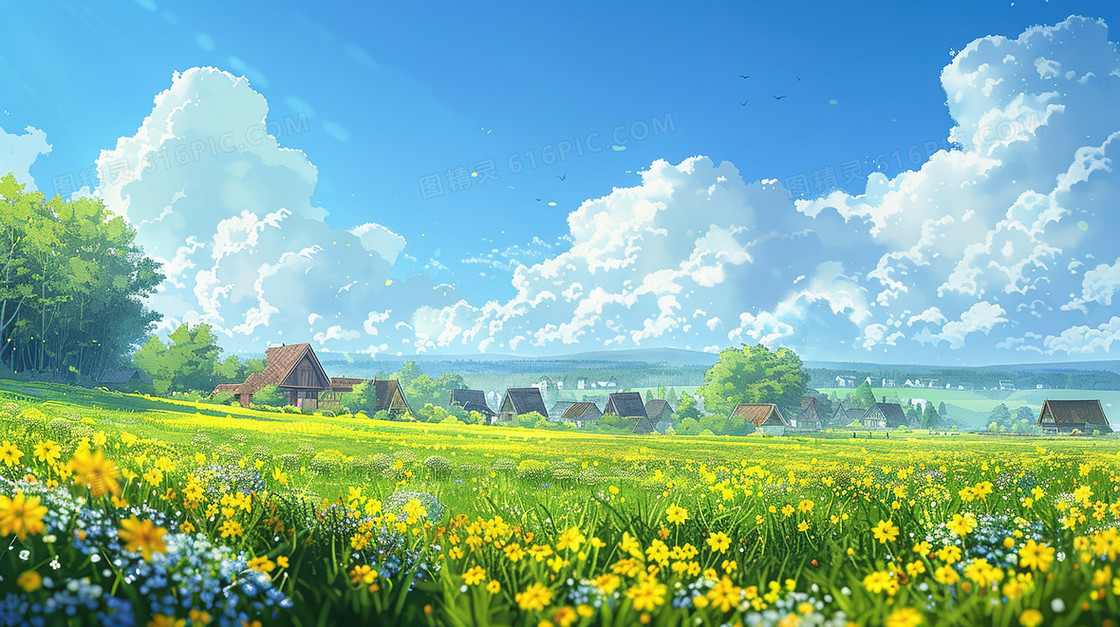 唯美清新春天油菜花田插画