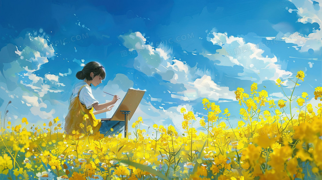 唯美清新春天油菜花田插画