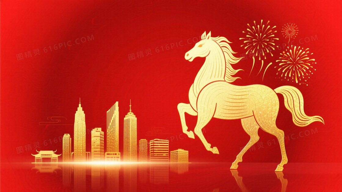 中国新年马年主题右侧是金色线条勾勒的骏马形象