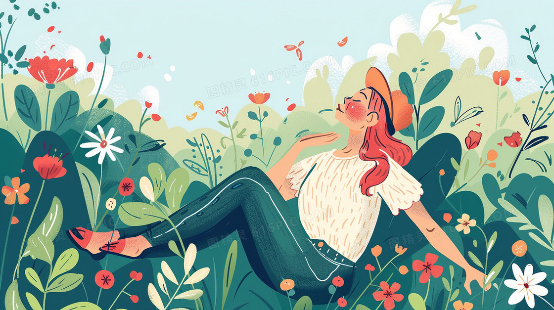 春天躺在草地上的女生插画