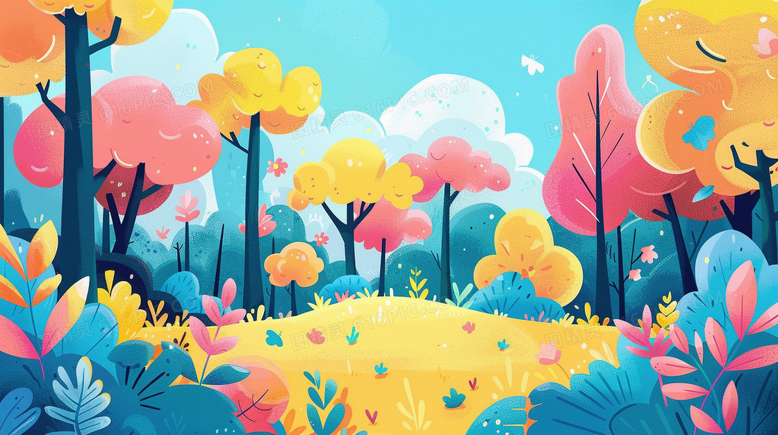 彩色春天植物森林草地场景插画
