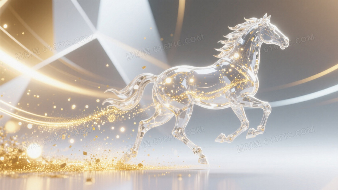 透明水晶质感骏马昂首跃动出现在画面一侧