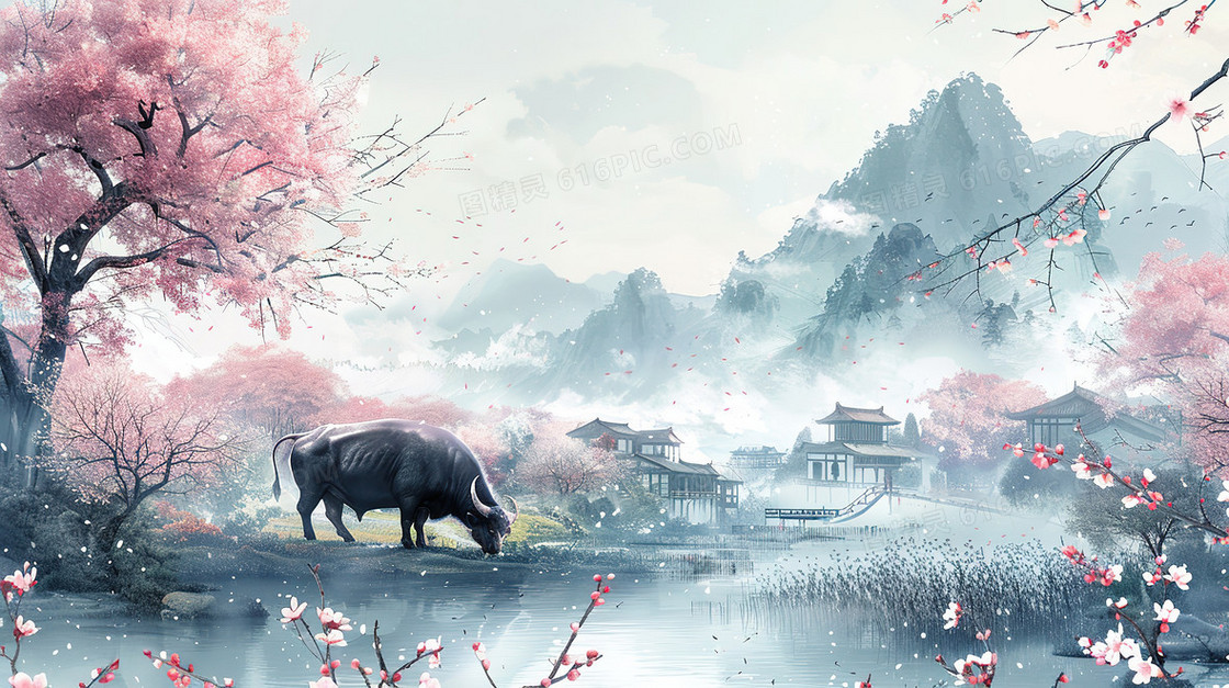 清明节乡村水牛风景插画