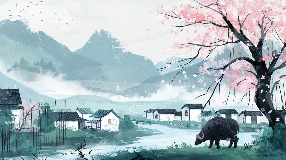 清明节乡村水牛风景插画