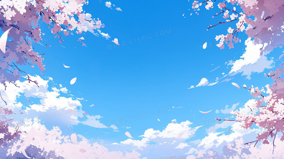 唯美清新蓝天白云樱花树插画
