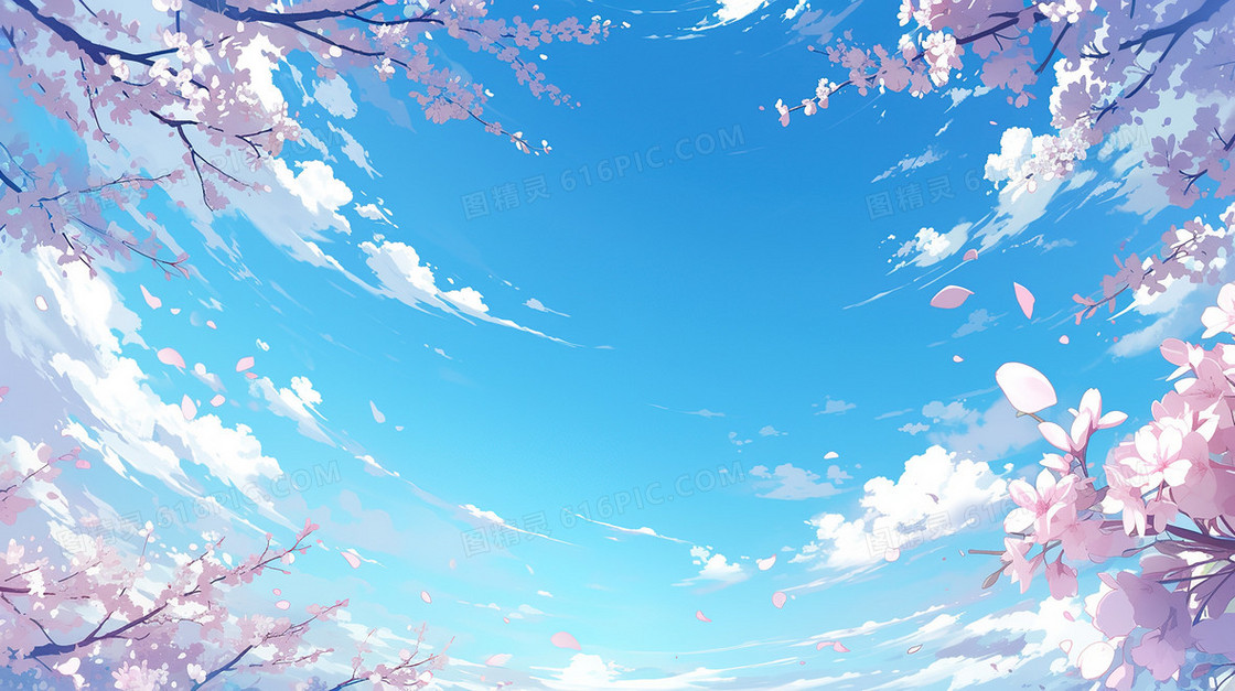 唯美清新蓝天白云樱花树插画