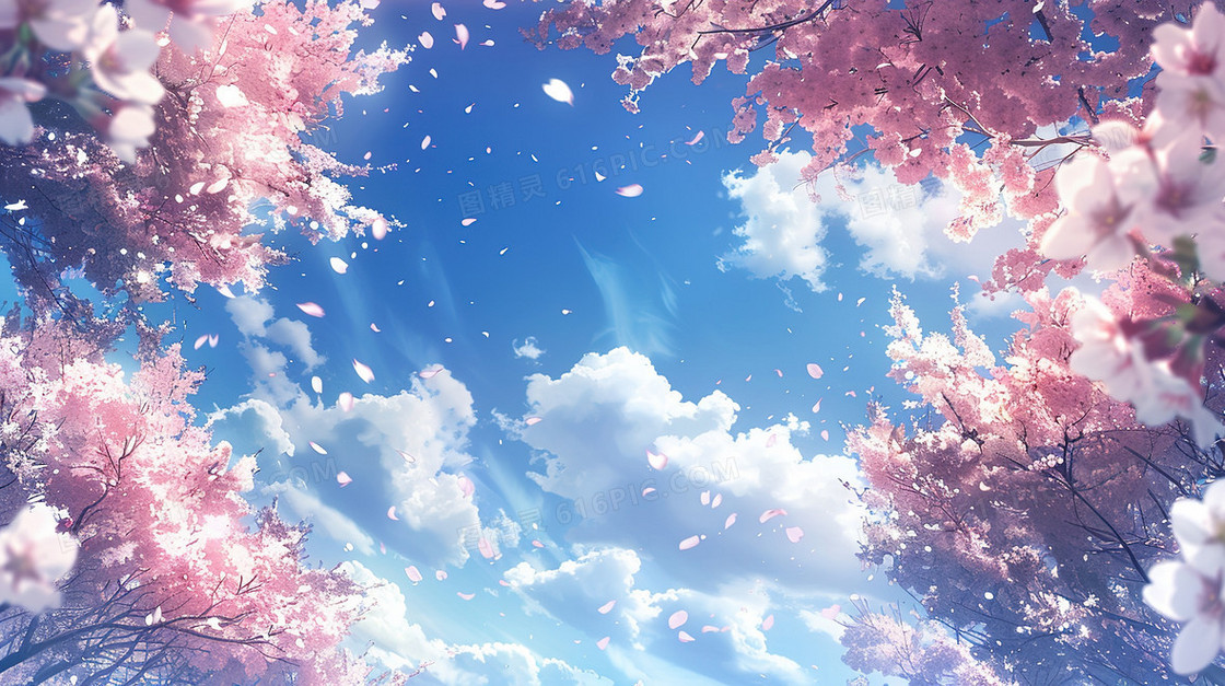 唯美清新蓝天白云樱花树插画
