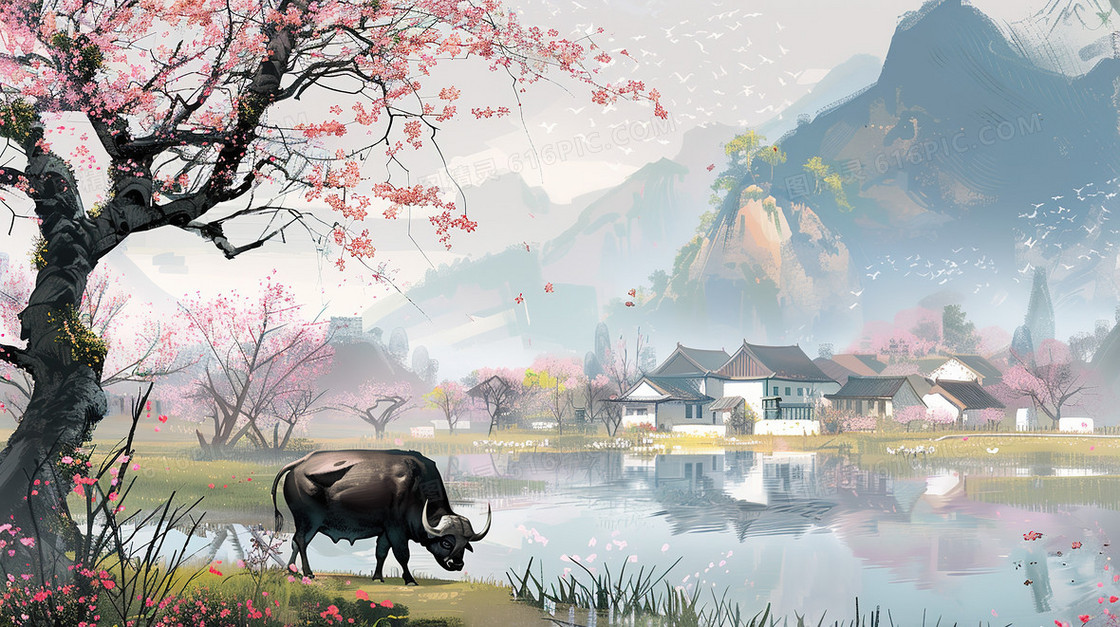 清明节乡村水牛风景插画