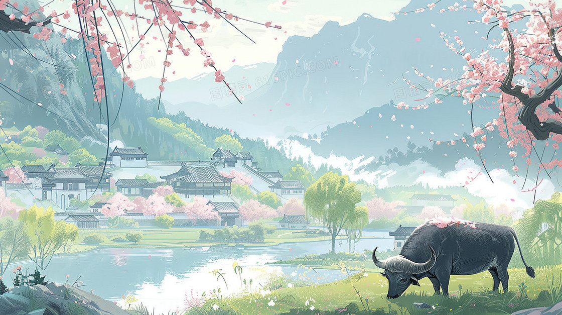 清明节乡村水牛风景插画
