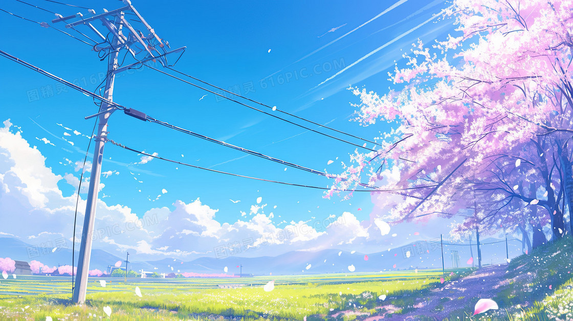 蓝天草地电线杆樱花树插画