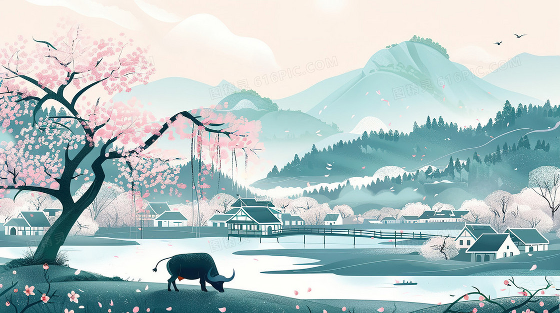 清明节乡村水牛风景插画