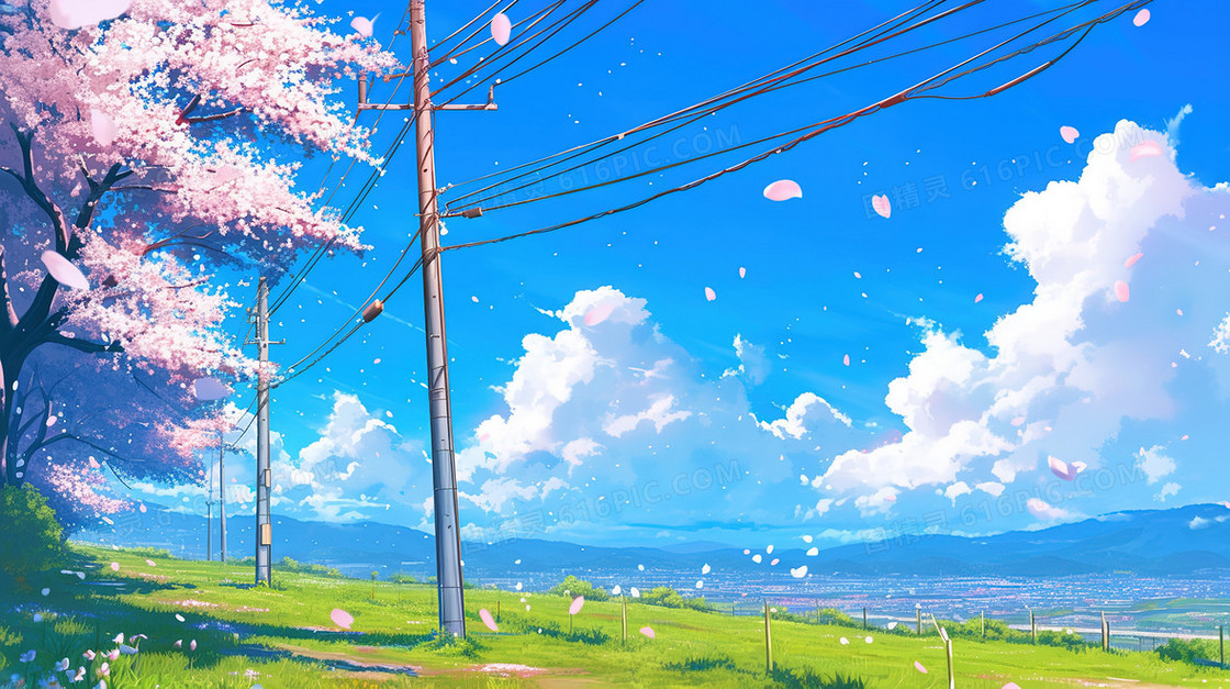 蓝天草地电线杆樱花树插画