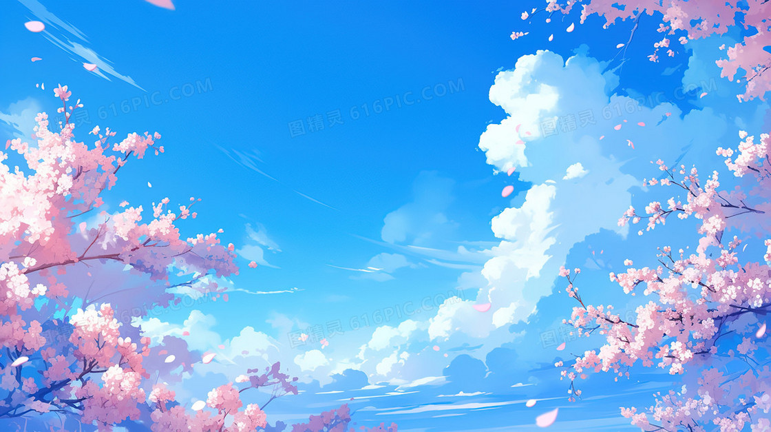 唯美清新蓝天白云樱花树插画