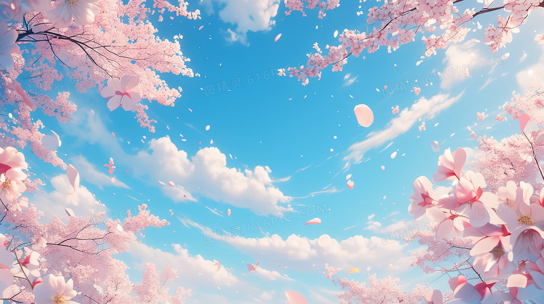 唯美清新蓝天白云樱花树插画