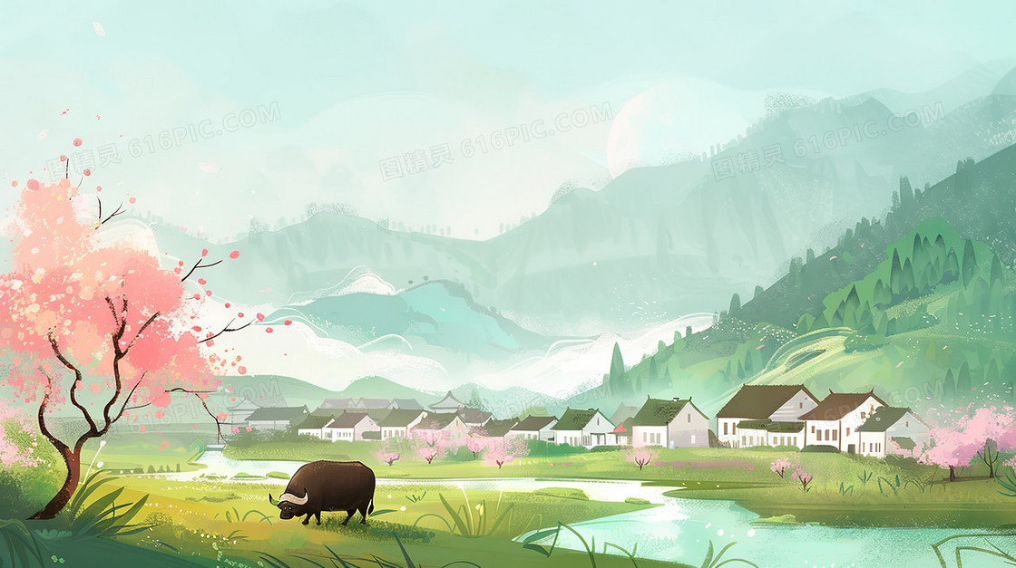 清明节乡村水牛风景插画