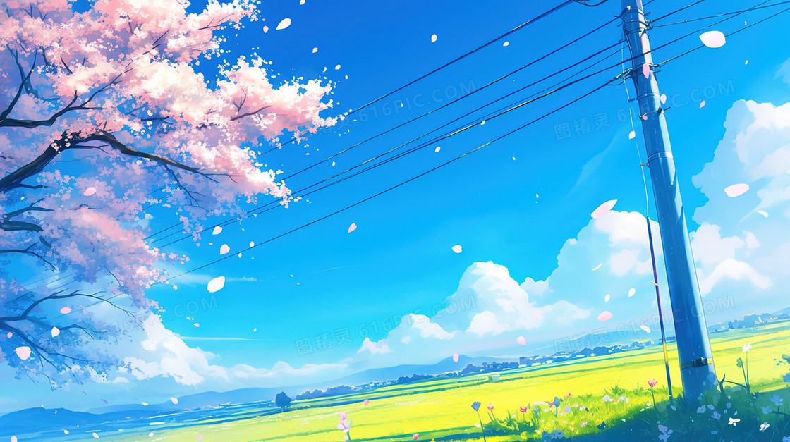 蓝天草地电线杆樱花树插画
