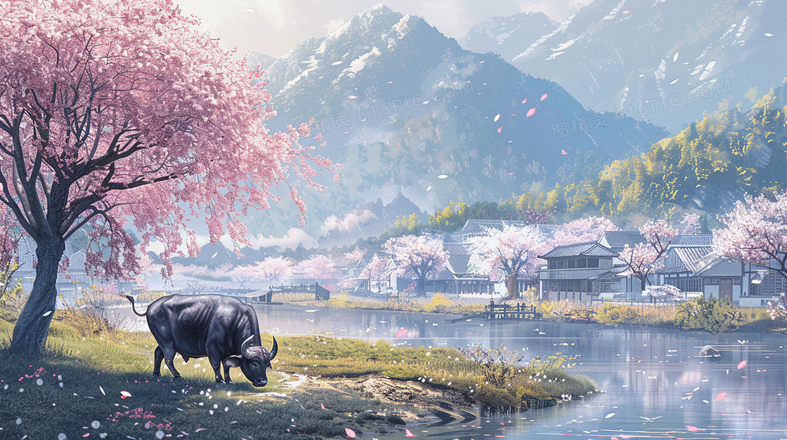 清明节乡村水牛风景插画