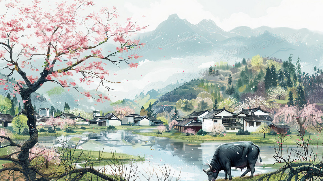 清明节乡村水牛风景插画