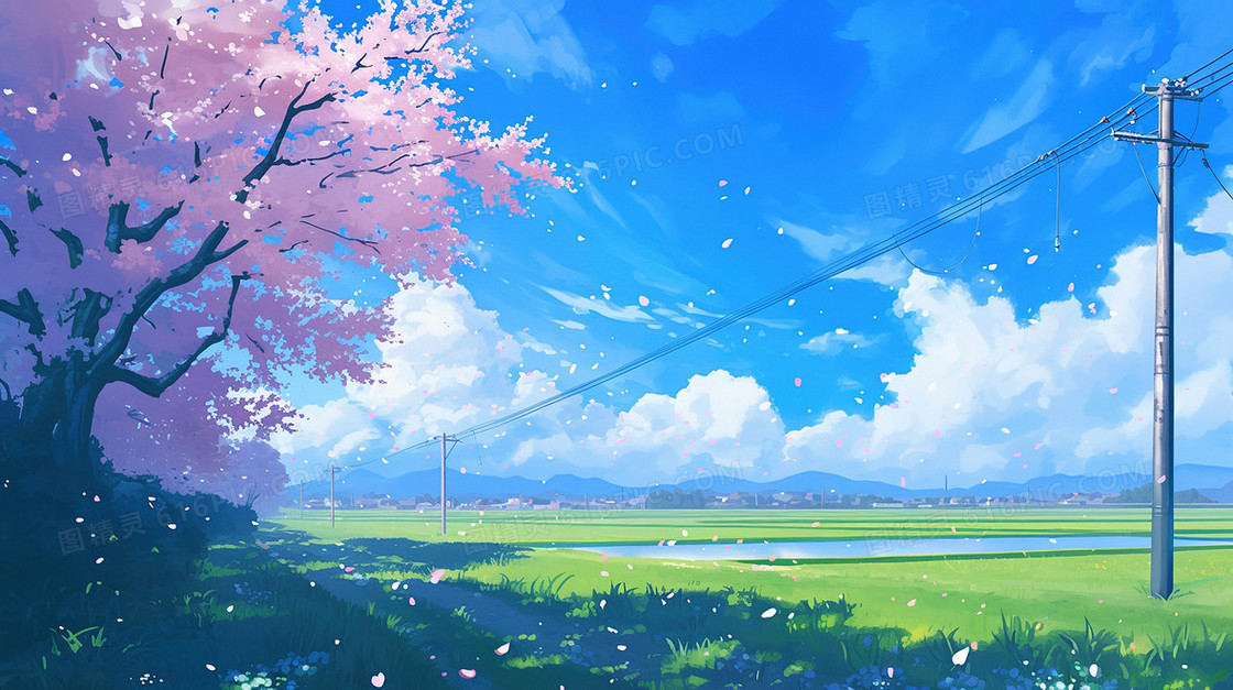 蓝天草地电线杆樱花树插画