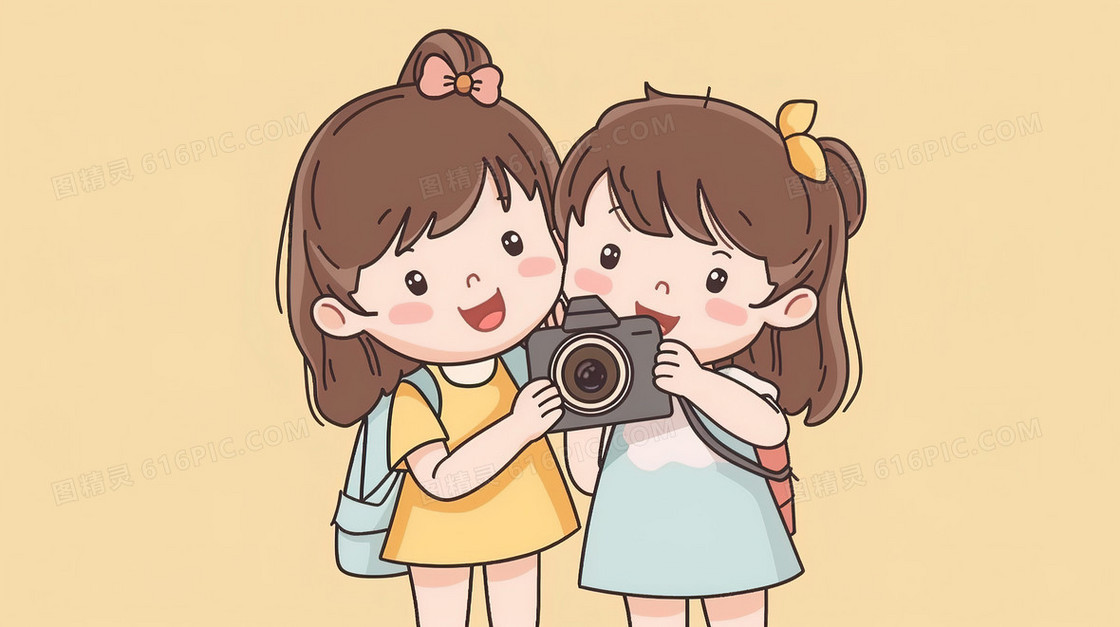 三七女生节姐妹闺蜜拍照插画