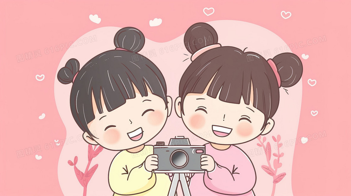 三七女生节姐妹闺蜜拍照插画