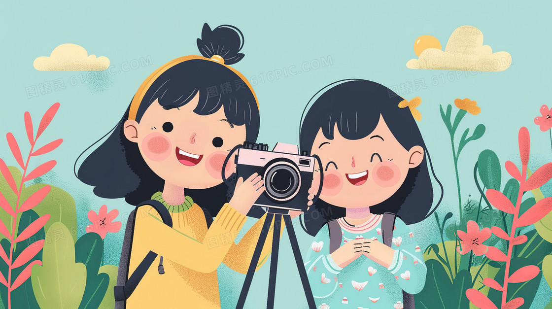 三七女生节姐妹闺蜜拍照插画