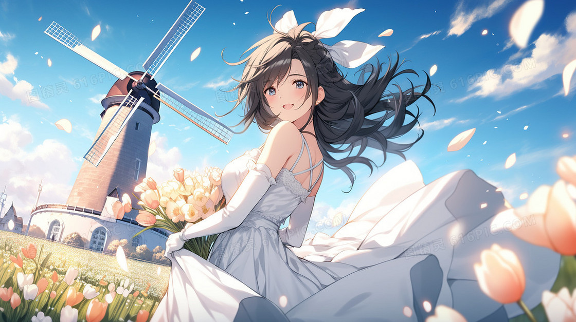 卡通风蓝天白云草地上的少女插画