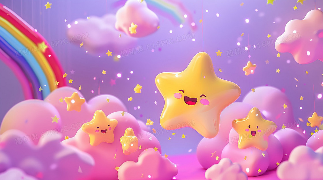 3D立体可爱云朵上的小星星插画