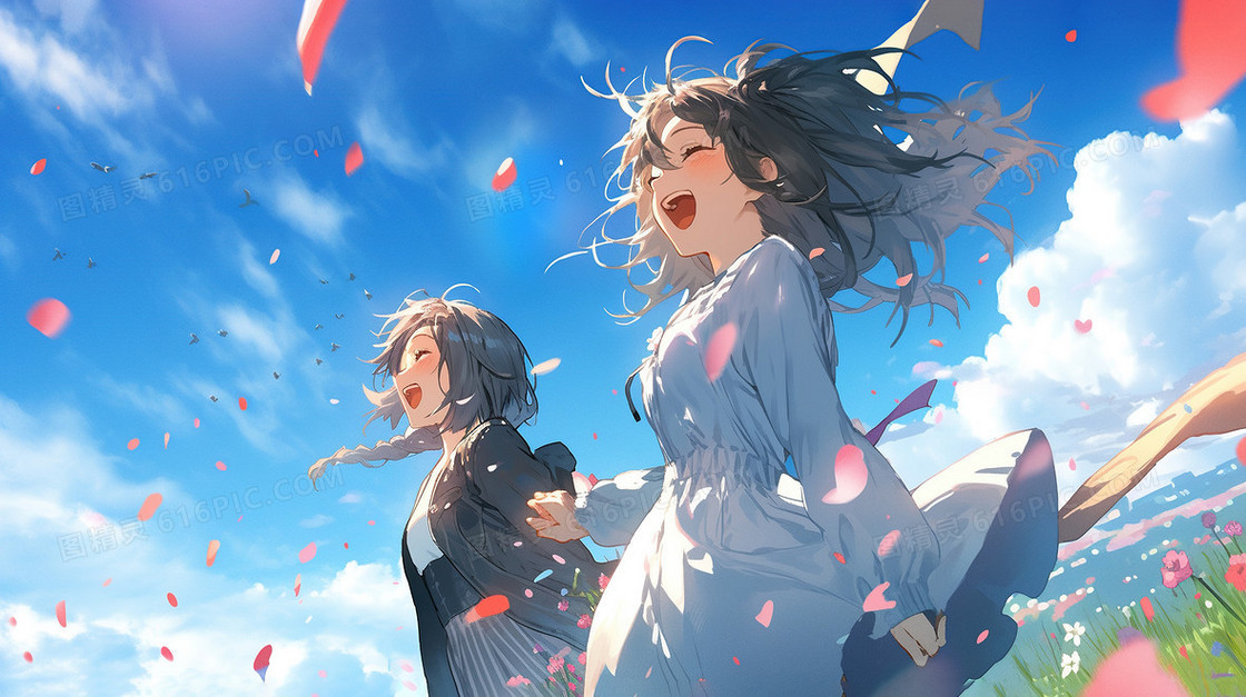 蓝天白云草地上的少女插画