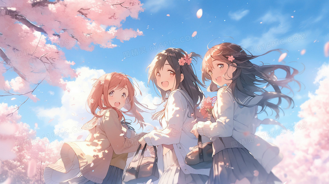 蓝天白云草地上的少女插画