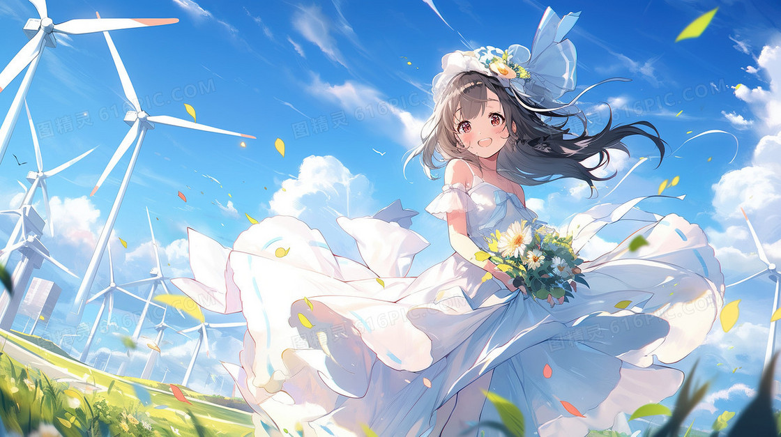 卡通风蓝天白云草地上的少女插画