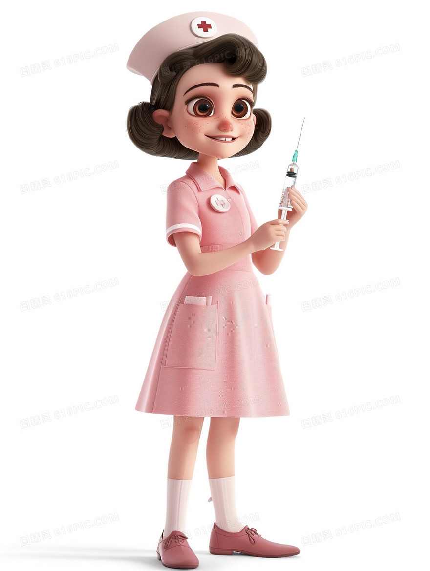粉色手拿针筒3D护士插画