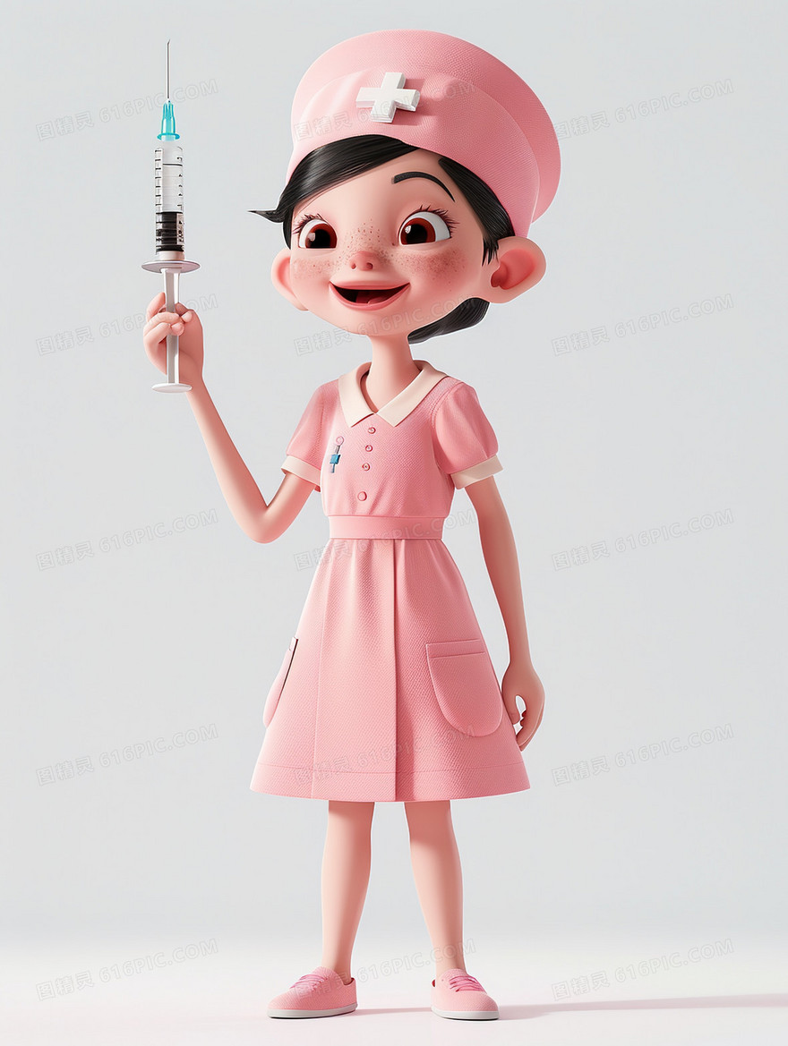 粉色手拿针筒3D护士插画