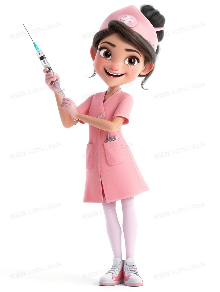粉色手拿针筒3D护士插画
