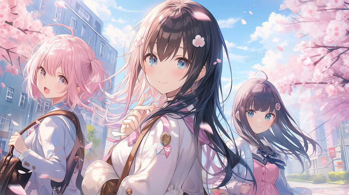 蓝天白云草地上的少女插画