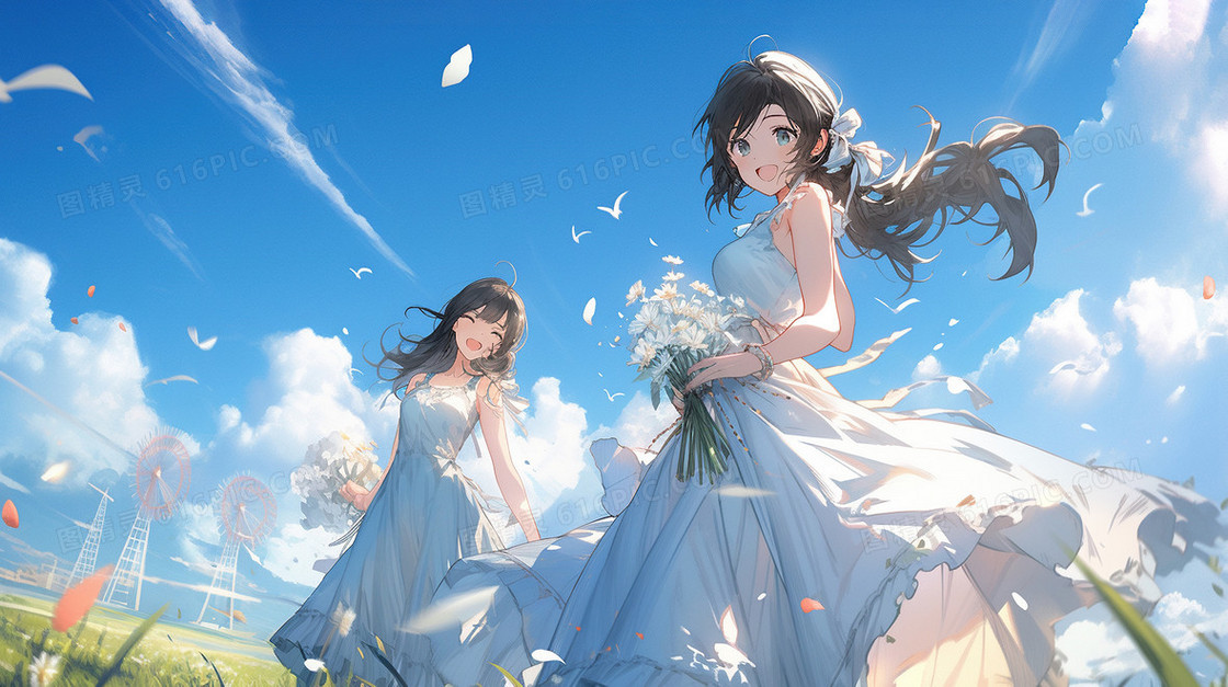 蓝天白云草地上的少女插画