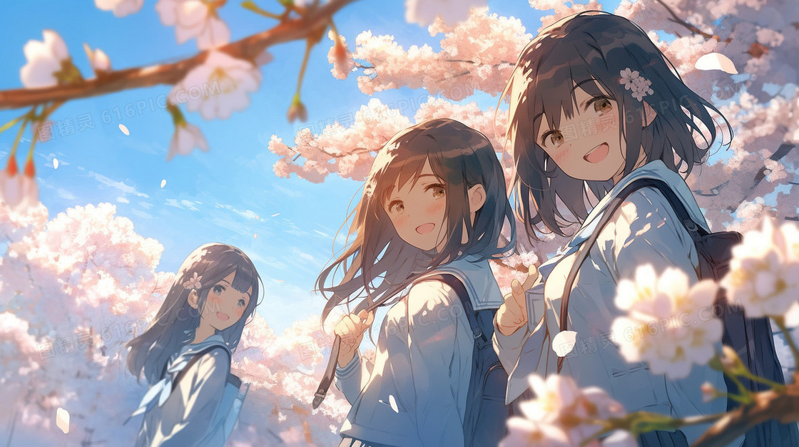 蓝天白云草地上的少女插画