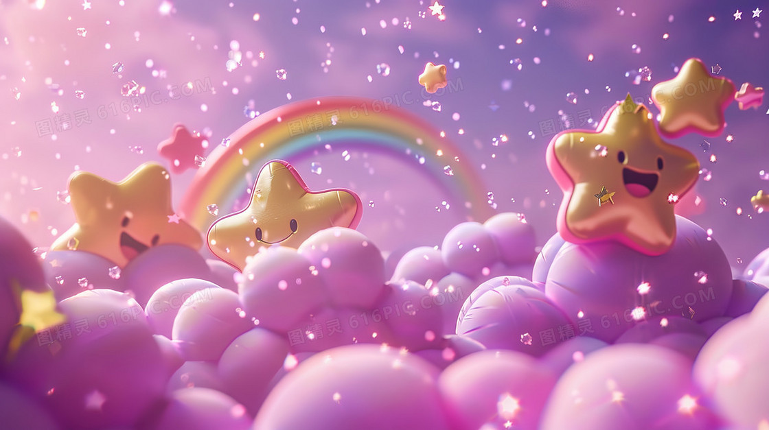 3D立体可爱云朵上的小星星插画
