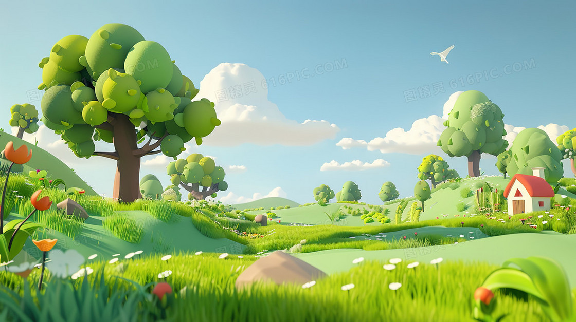 3D童话郊野山林里的小房子插画