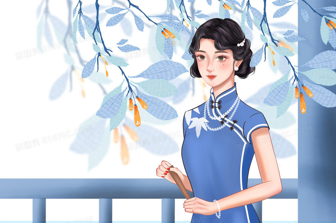 蓝色美人在栅栏前旗袍插画