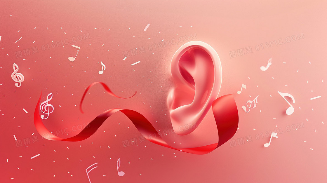 粉色耳朵音符丝带唯美意境创意插画