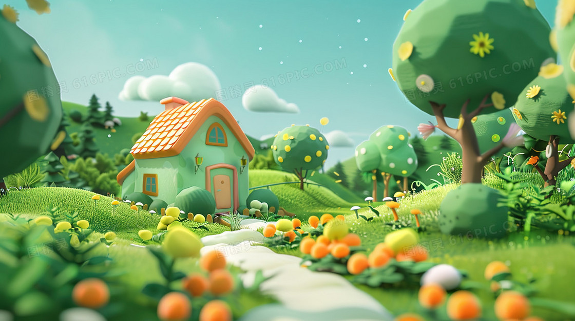 3D童话郊野山林里的小房子插画