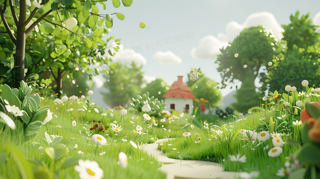 3D童话郊野山林里的小房子插画