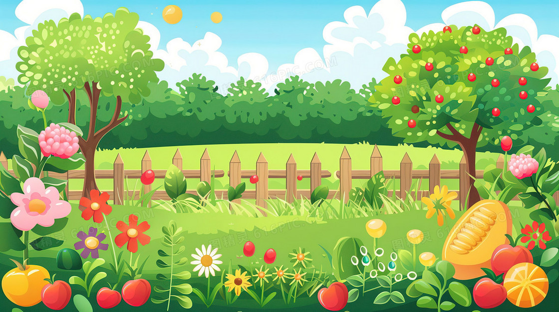 春天木围栏花园插画