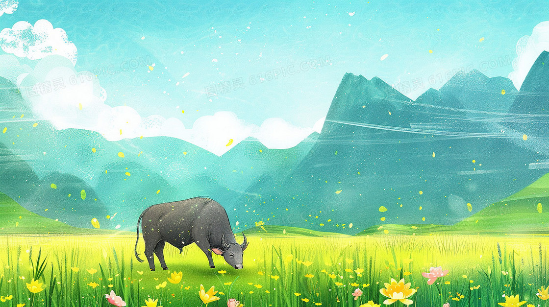 清明节草地上的牛插画