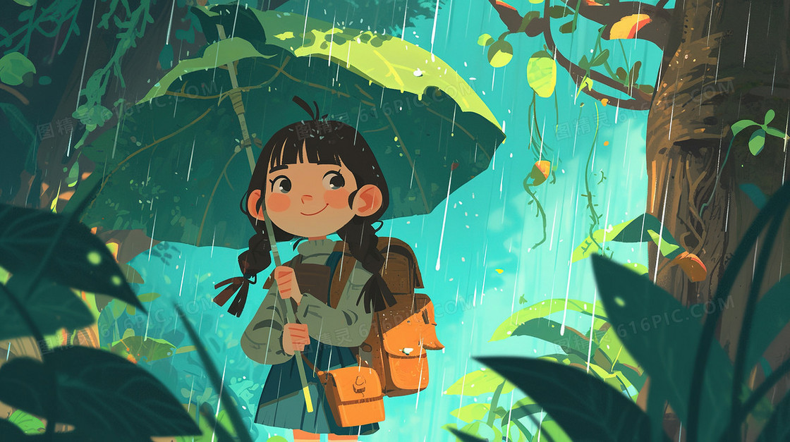 森林中撑着雨伞的小女孩插画