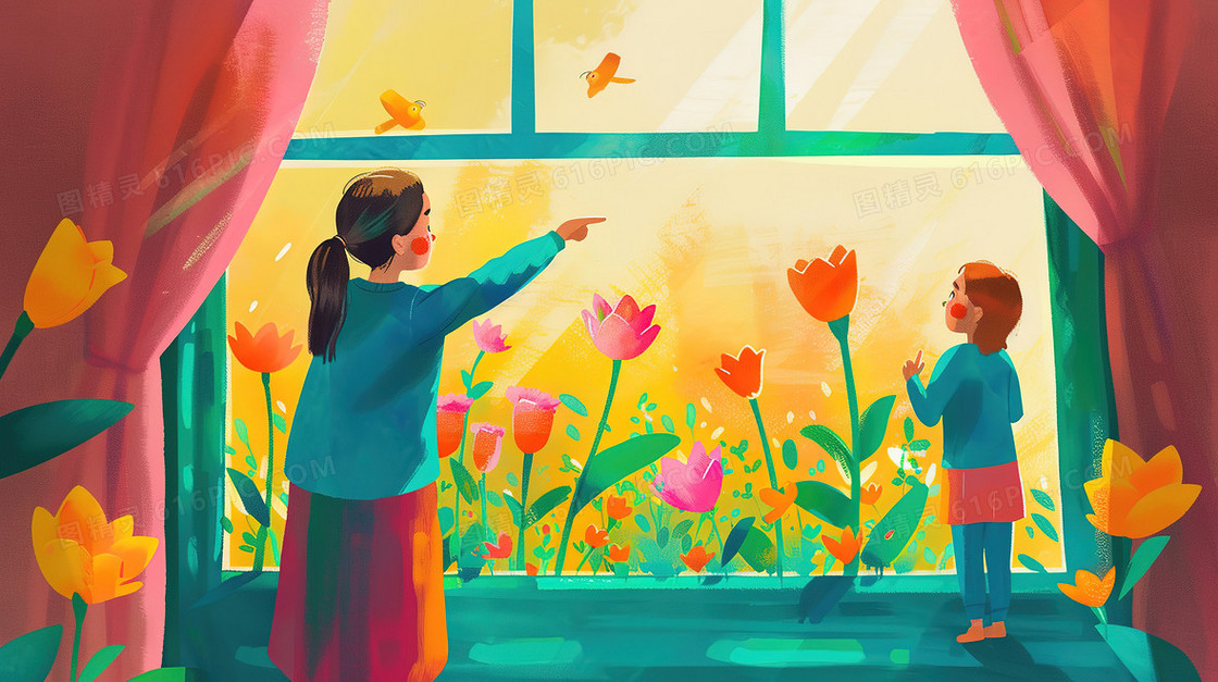 老师向学生介绍窗外的植物插画