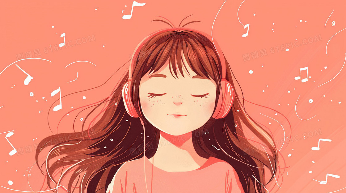 爱耳日戴耳机听音乐的女孩