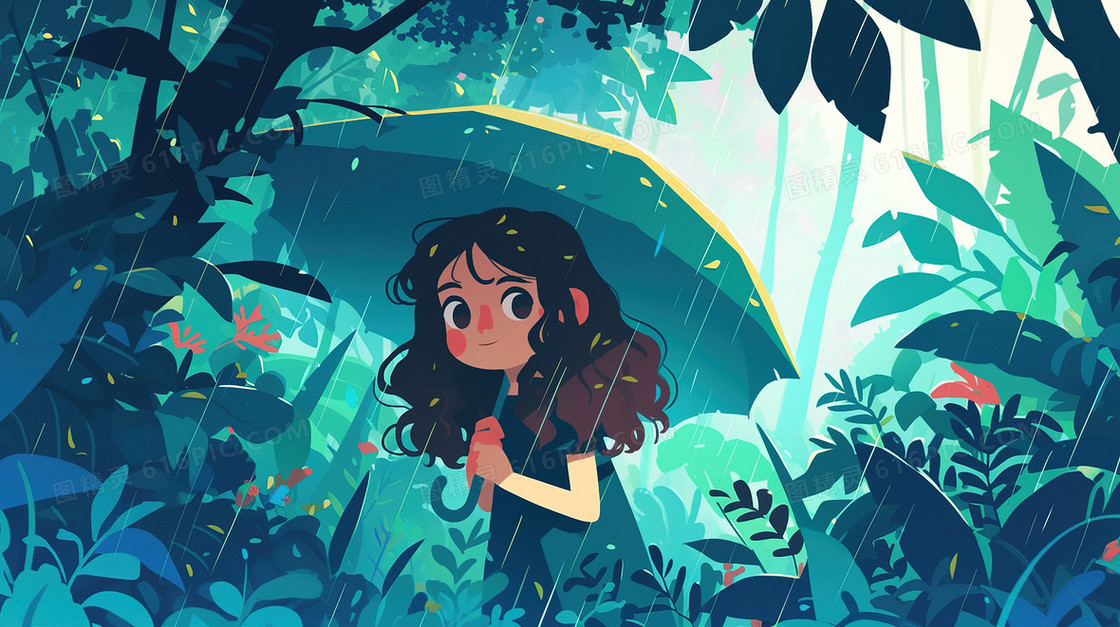森林中撑着雨伞的小女孩插画