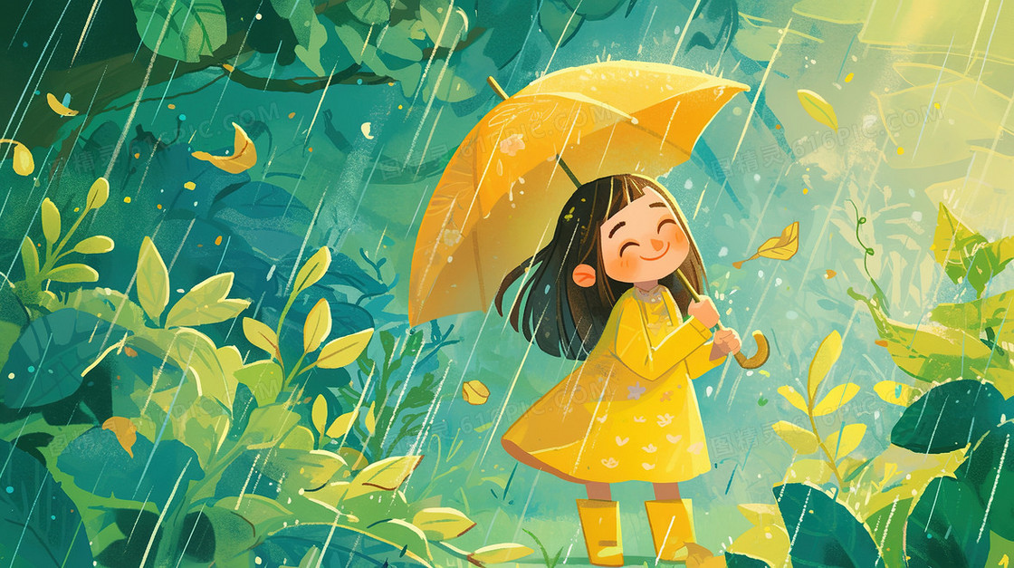 森林中撑着雨伞的小女孩插画